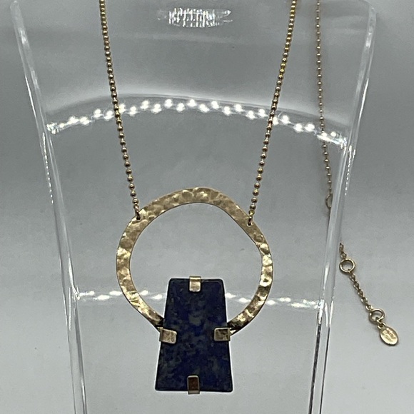 Lapis lazuli chunk modernist pendant in gold tone ball chain blue necklace - Picture 11 of 11